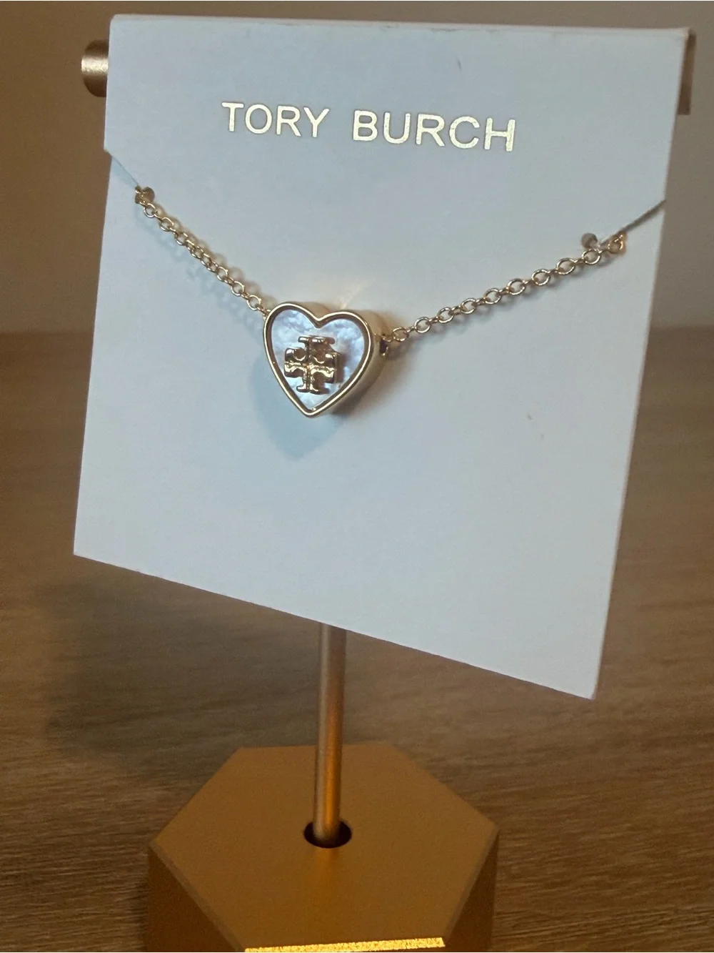 Tory Burch Kira Heart Mother of Pearl Double T Gold Necklace w dust bag